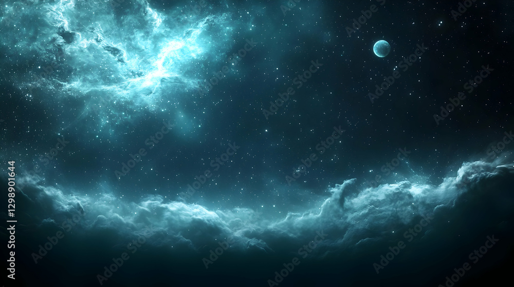 Cosmic Nebula With Sparkling Stars And Distant Planet In Deep Blue Space Cosmic Nebula With Sparkling Stars And Distant Planet In Deep Blue Space