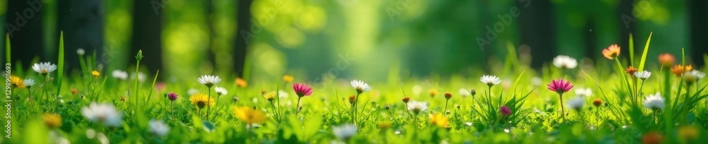 Wildflowers crushed by trampled grass in a forest clearing, forest clearing, plants Wildflowers crushed by trampled grass in a forest clearing, forest clearing, plants