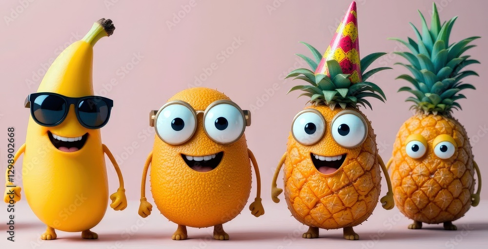Fototapeta premium Cheerful fruit characters celebrating a festival with vibrant hats and playful expressions