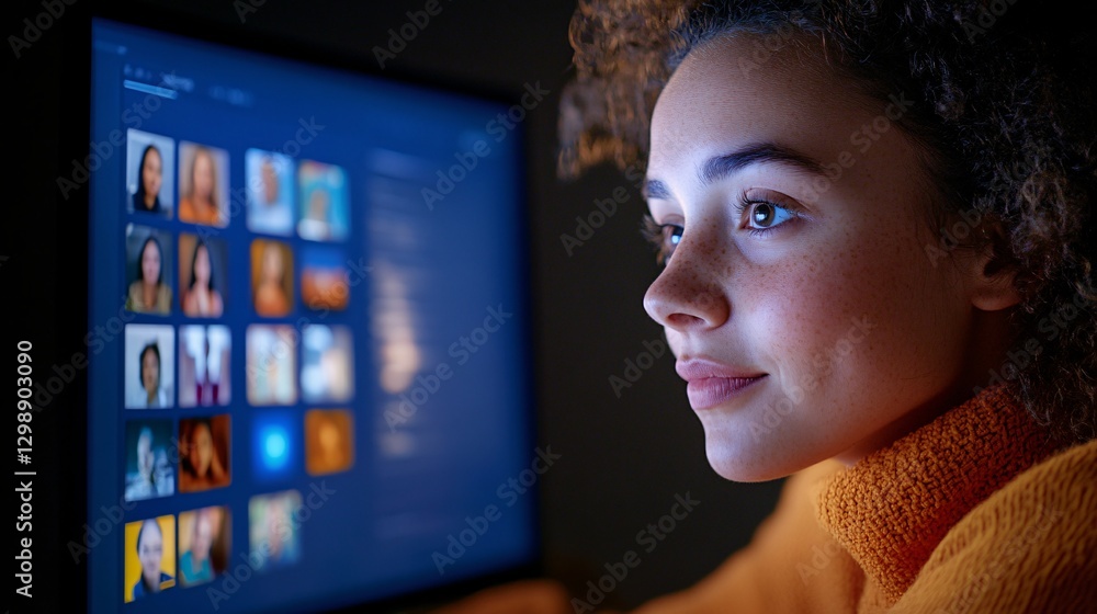 focused young woman engaging with digital content on computer screen focused young woman engaging with digital content on computer screen