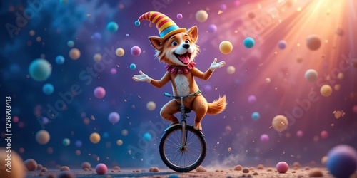 Unforgettable circus performance with a joyful character riding a unicycle in a vibrant atmosphere filled with colorful balls
