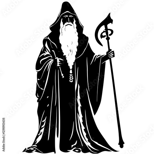 Enthralling wizard vector artwork blending mystical energy and ancient wisdom, perfect for fantasy book covers, digital campaigns, merchandise, and creative design projects that inspire wonder