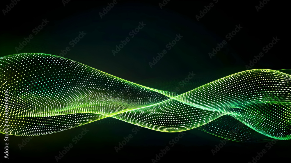 Abstract Green Wave Of Digital Particle In Black Background Representing Technology Network Concept