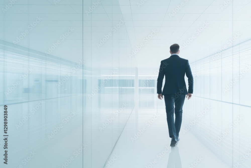 minimalistic stock photo of man in business suit walking across glass-walled office corridor minimalistic stock photo of man in business suit walking across glass-walled office corridor