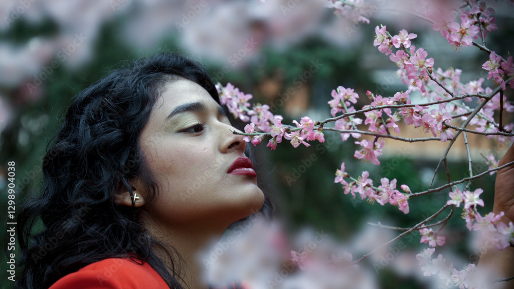 Young woman smelling cherry blossoms in springtime