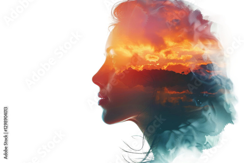 Inner World: A captivating portrait of a woman with vibrant clouds merging into her silhouette, representing thoughts, dreams, and emotions, creating a visual story of internal reflection.
