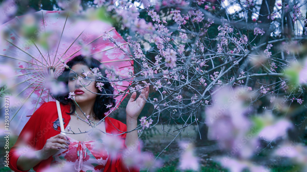 Beautiful woman posing with parasol in blooming orchard of almond and cherry trees
