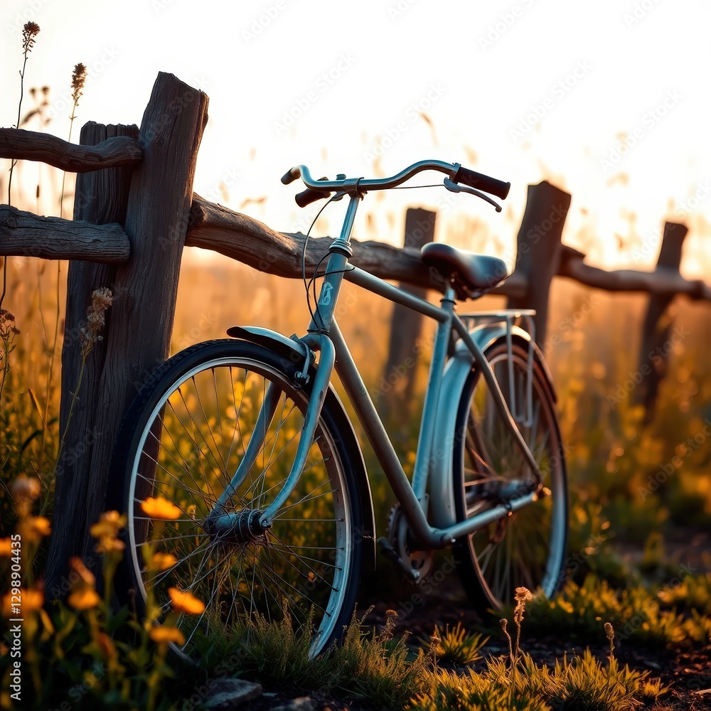 Obraz premium Bicycle rests peacefully against a weathered fence at sunset, surrounded by wildflowers and golden light