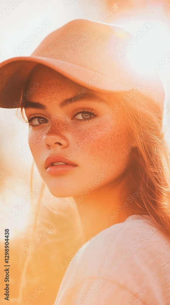 Fototapeta premium Girl freckles pastel orange mist