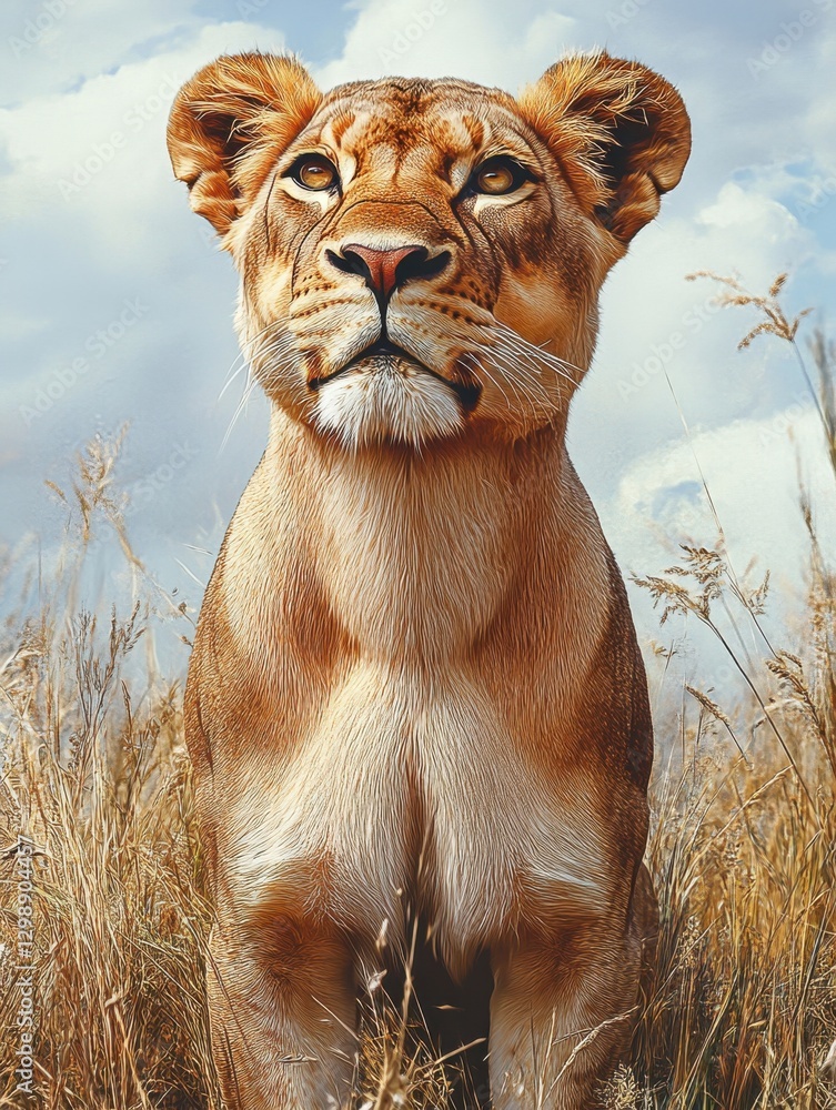 Fototapeta premium Majestic lioness gazes confidently at the horizon in tall grass under a clear blue sky