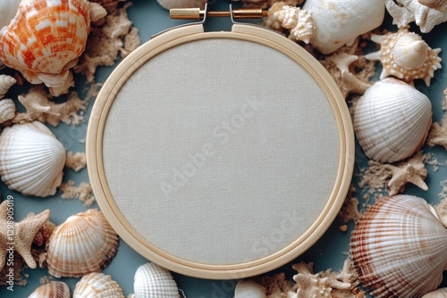 Crafting manual embroidery hoop surrounded by seashells on a blue background, perfect setting for creative projects and seaside inspiration photo