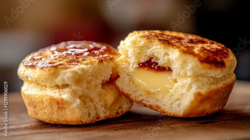 Wallpaper Mural A close-up of a classic English breakfast muffin, split in half and toasted with melted butter, ready to be served with jam or marmalade for a sweet start to the day Torontodigital.ca