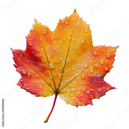 Bright Autumn Maple Leaf With Droplets Resting on Vibrant Colors in Natural L...