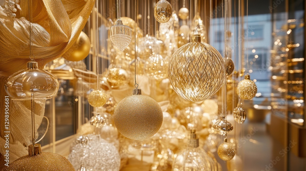 Gold Christmas ornaments, shop window display, blurred city background Gold Christmas ornaments, shop window display, blurred city background