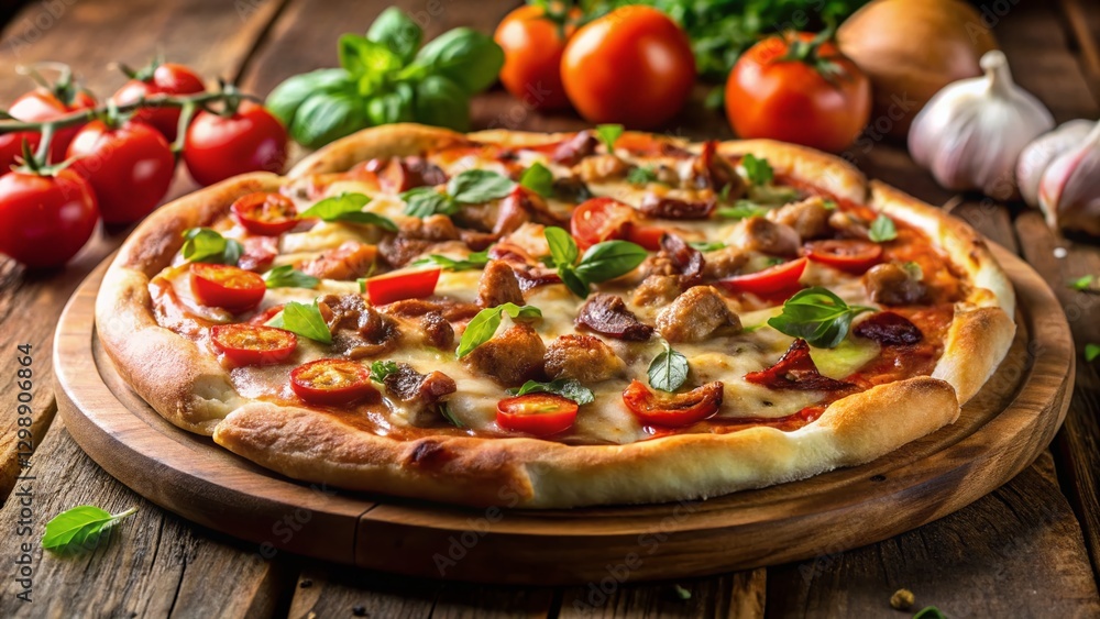 Rustic Peasant Pizza with Chicken & Bacon Side View - High-Resolution Stock Photo Rustic Peasant Pizza with Chicken & Bacon Side View - High-Resolution Stock Photo