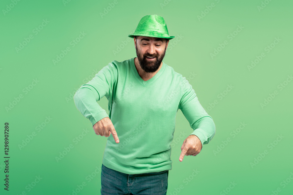 Bearded man with green hat pointing down celebrating St. Patrick's Day Bearded man with green hat pointing down celebrating St. Patrick's Day