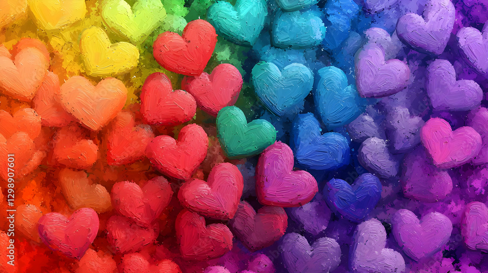 Rainbow Colored Heart Pattern with Glitter Texture and a Decorative Row of Hearts Rainbow Colored Heart Pattern with Glitter Texture and a Decorative Row of Hearts