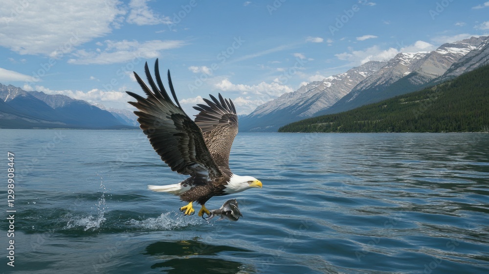 Fototapeta premium Bald Eagle Catching Fish Over Lake with Mountains in Background