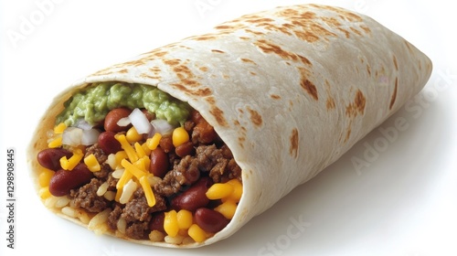A close-up of a Mexican burrito, stuffed with seasoned beef, beans, rice, cheese, and guacamole, wrapped in a flour tortilla for a filling meal