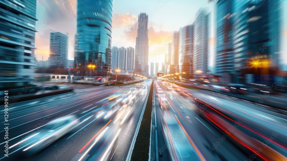 Blurred Urban Traffic Scene at Sunset with Skyscrapers and Vibrant Light Trails in a Bustling City Blurred Urban Traffic Scene at Sunset with Skyscrapers and Vibrant Light Trails in a Bustling City
