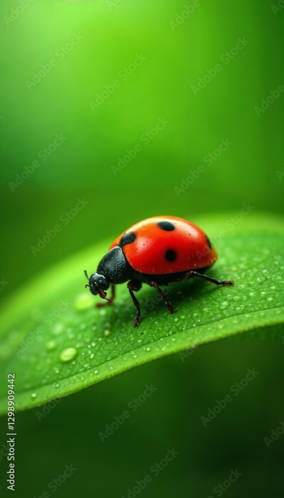 Close-up of a ladybug on a green leaf with dewdrops
Close-up of a ladybug on a green leaf with dewdrops