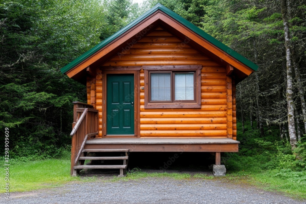 A small wooden cabin hidden deep in the forest, surrounded by tall pines A small wooden cabin hidden deep in the forest, surrounded by tall pines