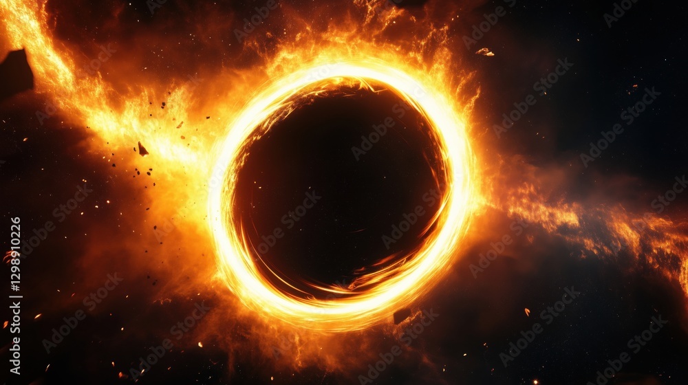A stunning depiction of a black hole surrounded by a fiery halo of light and debris in space. A stunning depiction of a black hole surrounded by a fiery halo of light and debris in space.