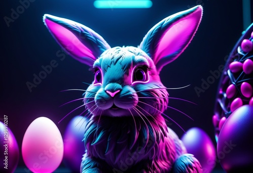Neopunk Easter bunny. Happy Easter concept. Stylish, purple, neon. AI generated.