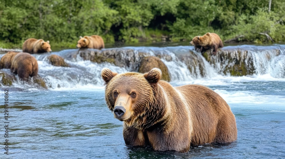 Brown bear standing in river with other bears in background Brown bear standing in river with other bears in background
