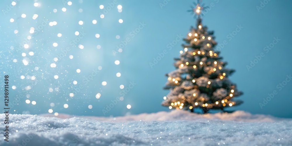 Obraz premium Christmas tree in snowy scene with bokeh lights