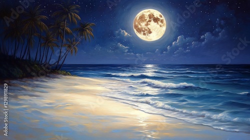 Moonlight Beach at Night with Palm Trees