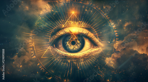 Eye of Providence against a dramatic cloudy landscape illuminated by sunlight. All-seeing human divine eye on a mystical background. Spiritual theme concept