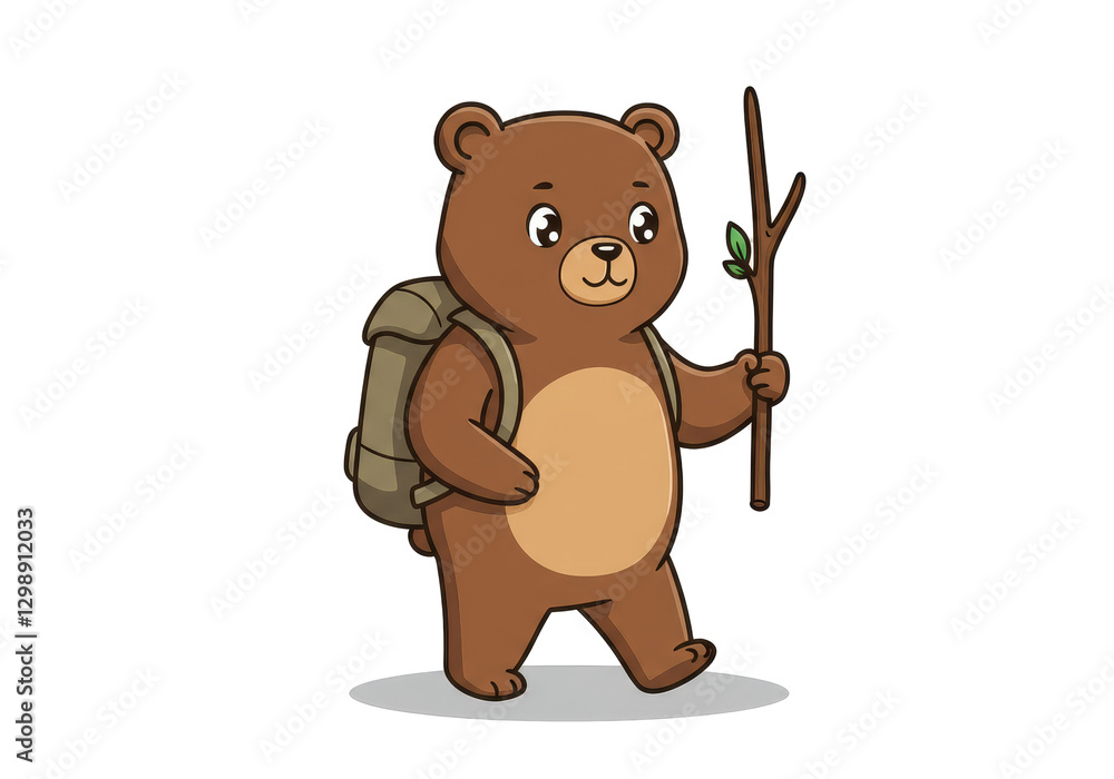 Obraz premium Adventurous Bear Cub Hiking - A cute cartoon bear cub, backpack on, walking with a stick, symbolizes adventure, exploration, nature, childhood, and wanderlust
