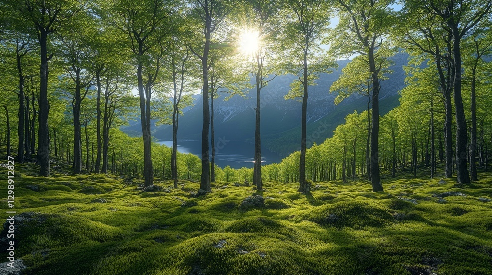 Fototapeta premium Sunlit forest with moss-covered ground, lake, and mountains in the background.