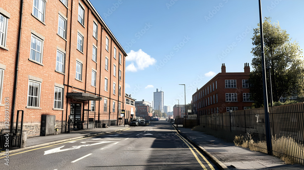 Fototapeta premium Urban Street Scene with Brick Buildings and Blue Sky during Daytime
