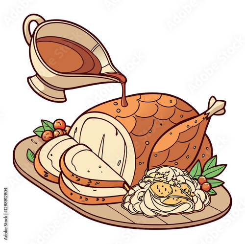 A perfectly roasted turkey with stuffing, served with gravy and mashed potatoes on a wooden table on white back