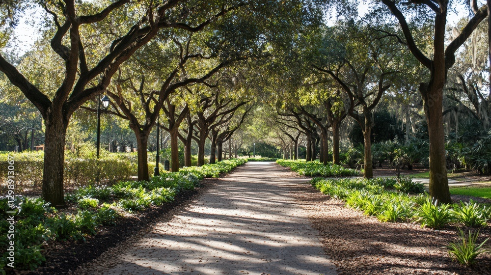 Fototapeta premium Sunlit Pathway Through A Canopy Of Majestic Oaks