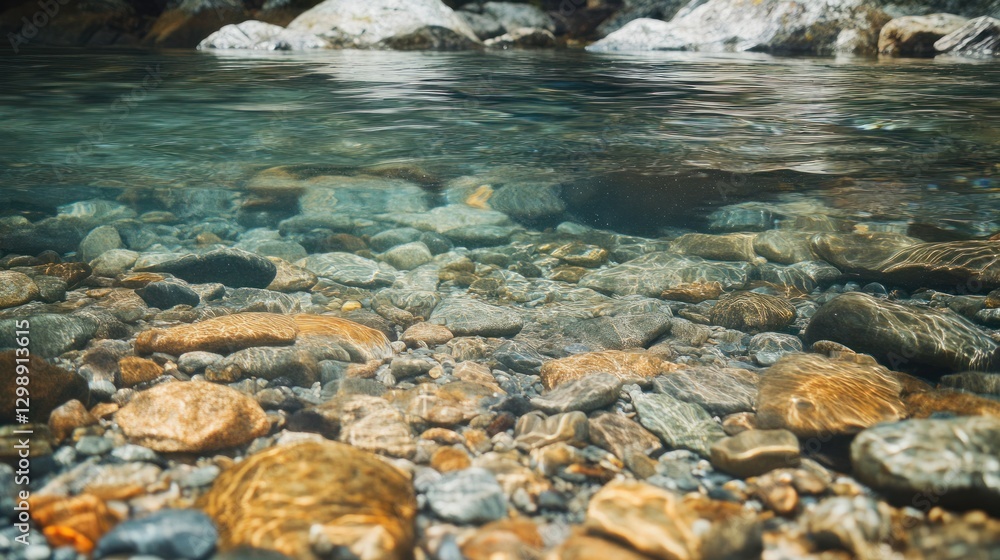 Fototapeta premium Crystal-clear mountain stream bed, rocks, sunlight, misty mountains