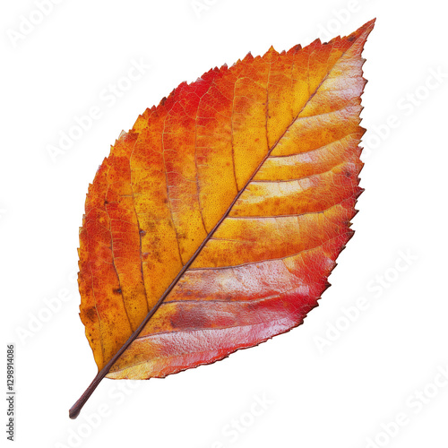 Vibrant Autumn Leaf Showcasing Vivid Red and Orange Hues Against a White Back...