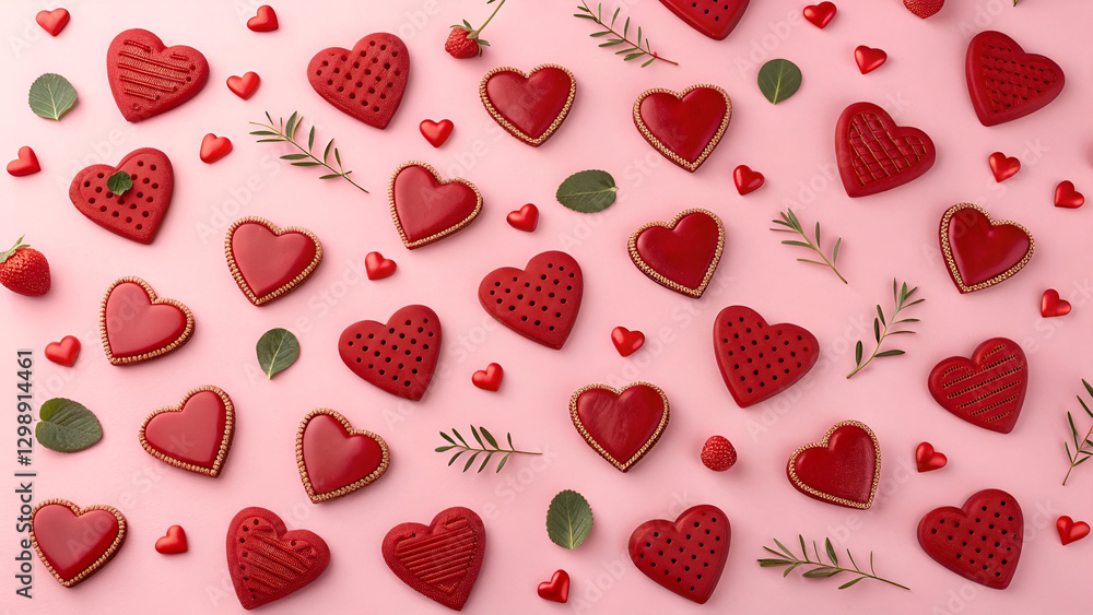 Red heart-shaped decorations arranged on a pink background. Red heart-shaped decorations arranged on a pink background.