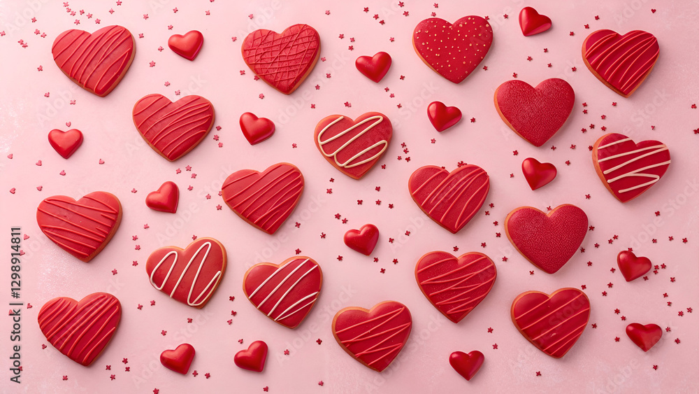 Red heart-shaped decorations arranged on a pink background. Red heart-shaped decorations arranged on a pink background.
