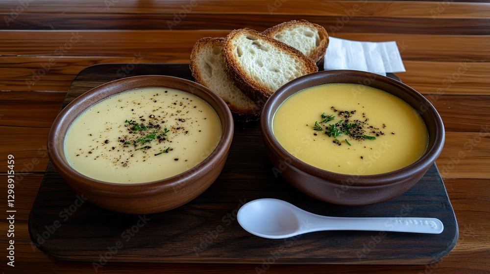 A delightful bowl of creamy soup is served alongside warm, freshly baked bread, beautifully arranged on a rustic wooden platter, creating a cozy and inviting atmosphere A delightful bowl of creamy soup is served alongside warm, freshly baked bread, beautifully arranged on a rustic wooden platter, creating a cozy and inviting atmosphere