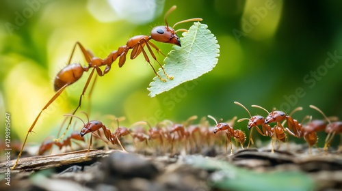 Tireless Leafcutter Ant carrying a perfectly cut piece of leaf back to its colony a trail of worker ants marching in unison through the dense rainforest floor