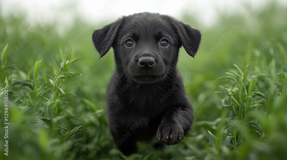 Adorable Black Labrador Puppy in Green Grass