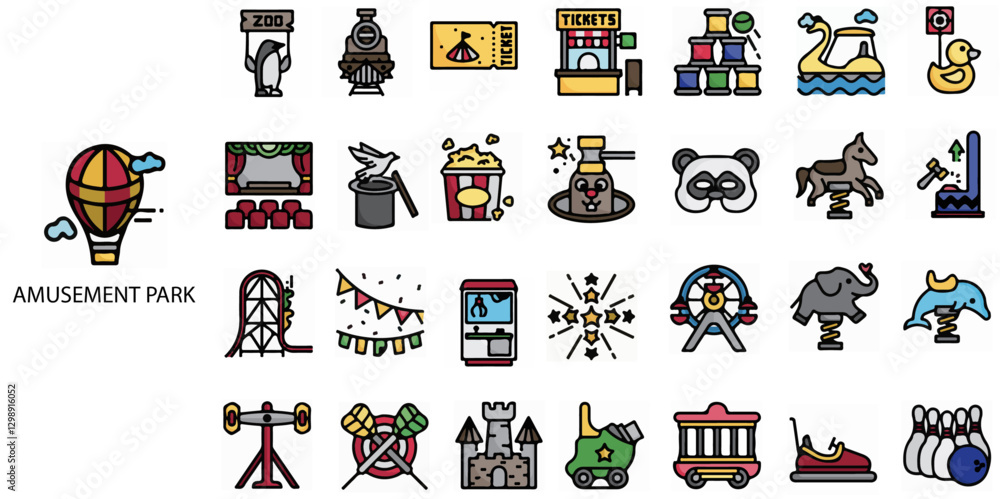 Obraz premium Amusement Park simple concept 28 colour icons set. Contains such Circus, Carnival, Street Festival, Purim Carnival .Vector illustration.