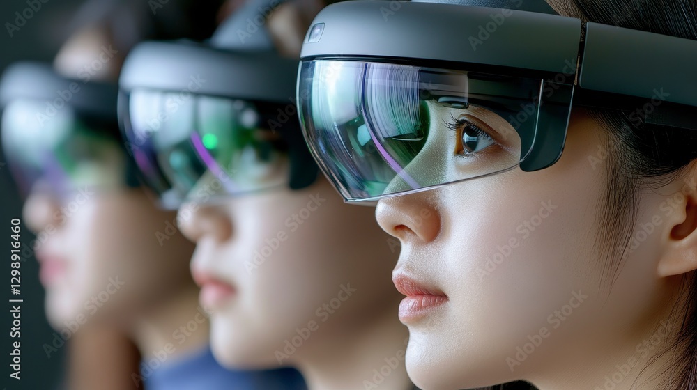 Focused group of individuals using innovative augmented reality glasses Focused group of individuals using innovative augmented reality glasses
