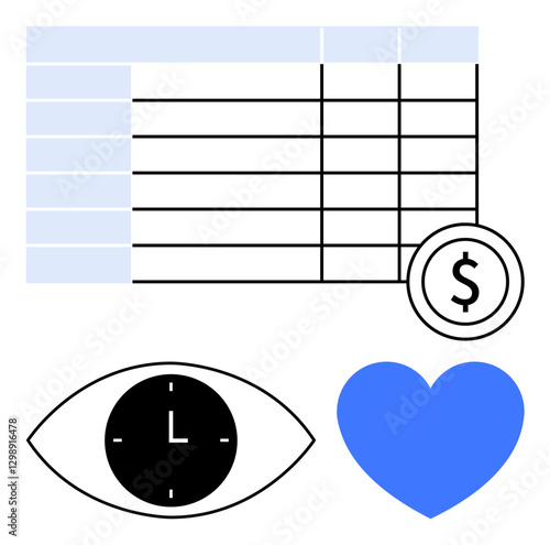 Spreadsheet table with money symbol, clock-eye icon for time tracking, and a blue heart. Ideal for analytics, finance, time management, productivity, business strategy, decision-making abstract line