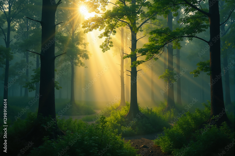 Obraz premium A dreamy forest view with foggy air and sunbeams illuminating the lush green foliage.