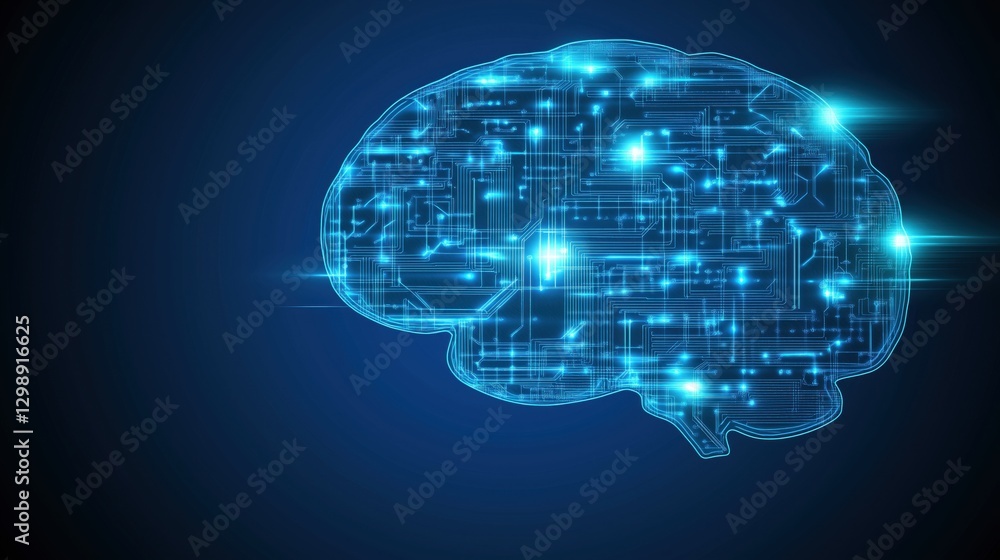 Obraz premium A futuristic digital brain illustration with glowing circuits and blue lights on a dark background.