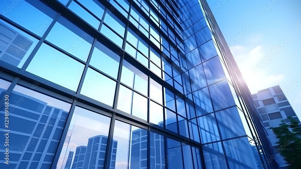 Modern glass office building facade with sunlight reflection creating geometric patterns against blue sky, showcasing contemporary urban architecture and sustainable design. Modern glass office building facade with sunlight reflection creating geometric patterns against blue sky, showcasing contemporary urban architecture and sustainable design.